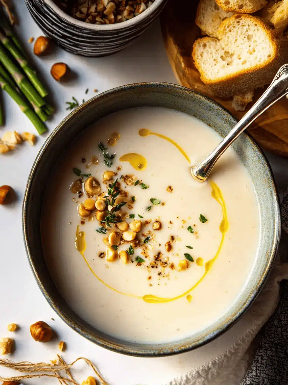 Creamy White Asparagus Soup Recipe with Hazelnuts + Brown Butter