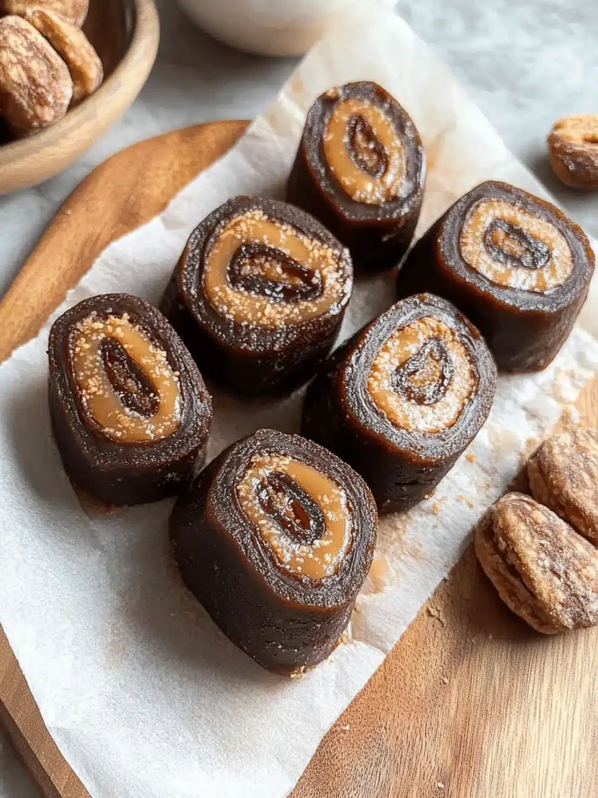 No Bake Chocolate and Peanut Butter Date Caramel Rolls