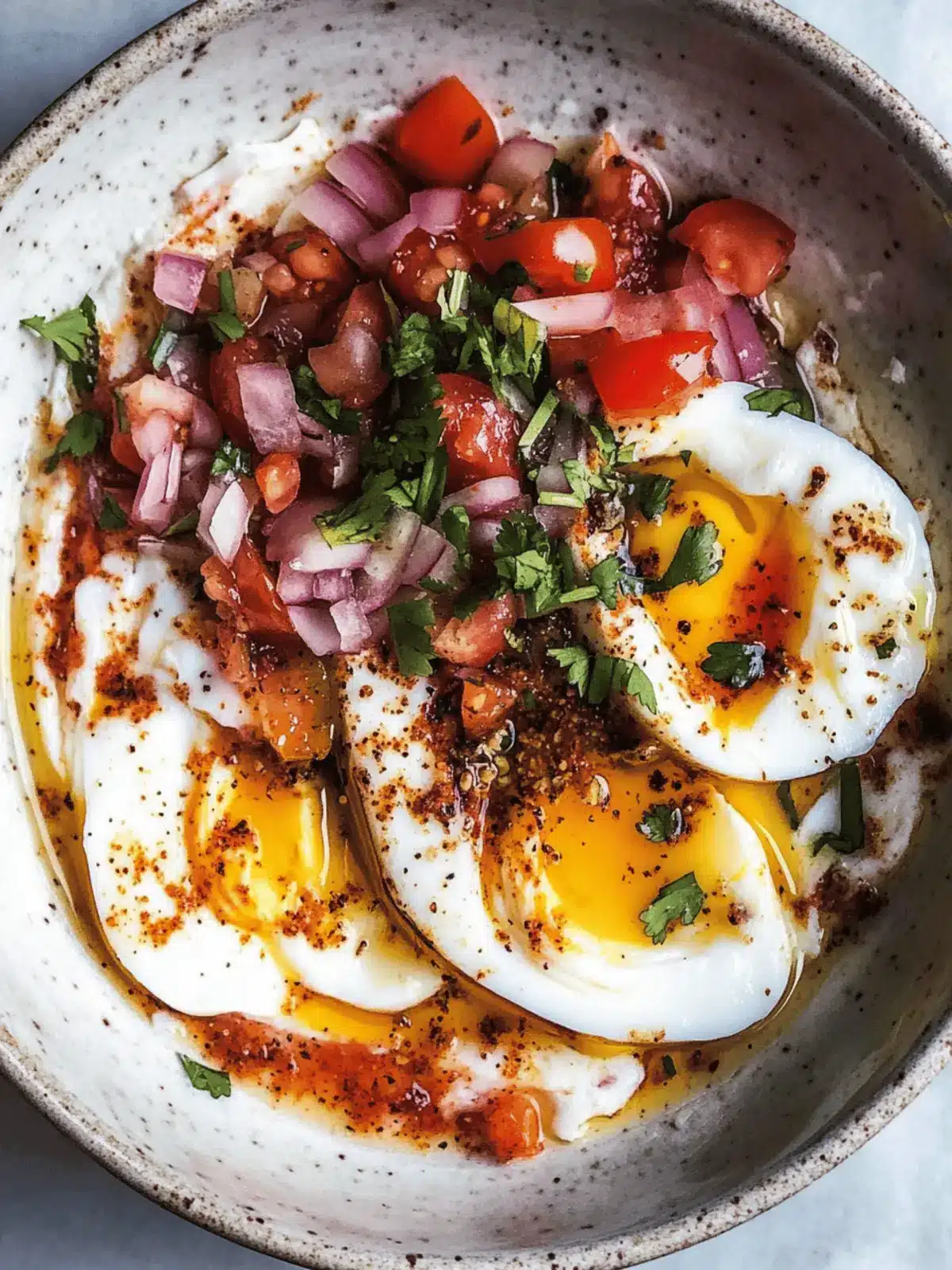 Poached Eggs with Yogurt, Tomato, Onion and Cumin Chili Oil