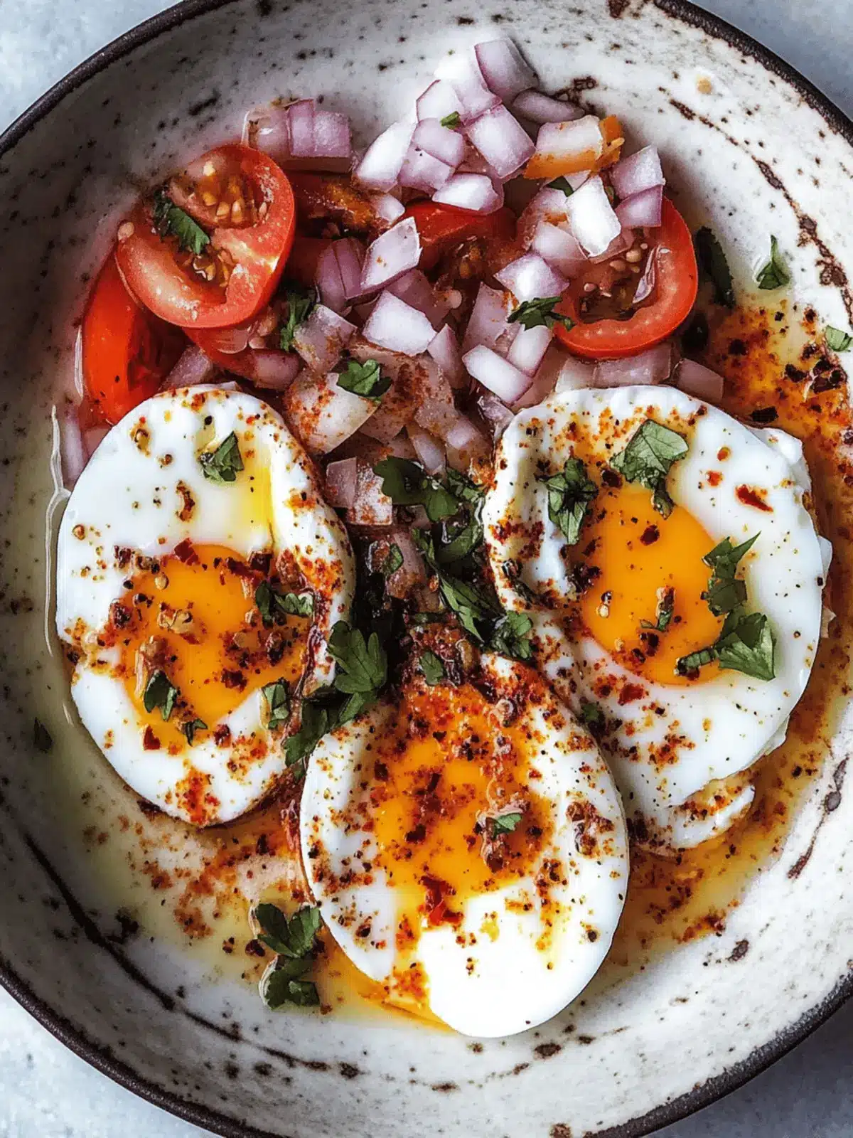 Poached Eggs with Yogurt, Tomato, Onion and Cumin Chili Oil