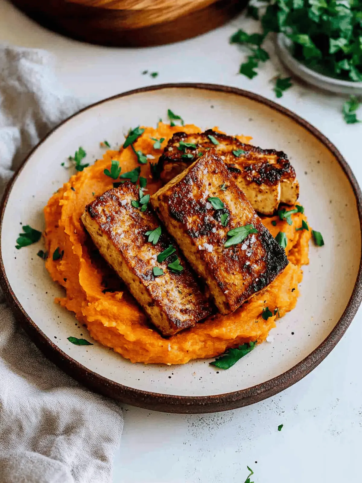 Tofu Steak with Mashed Sweet Potato