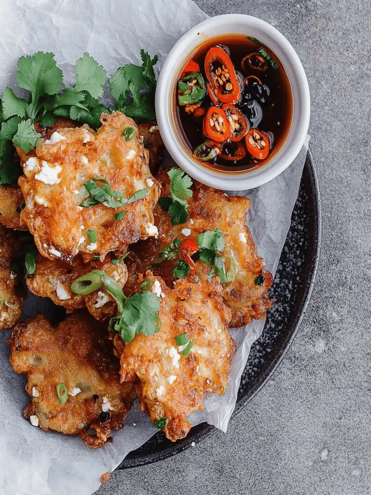 Onion and feta fritters with sweet chilli soy dipping sauce