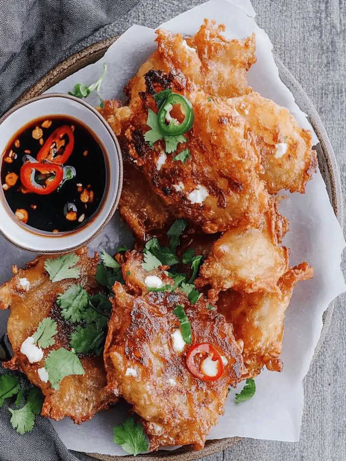Onion and feta fritters with sweet chilli soy dipping sauce