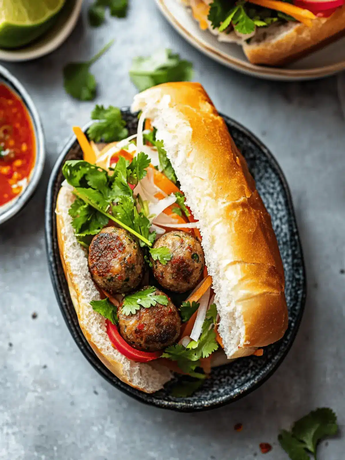 Vegan banh mi with lemongrass meatballs