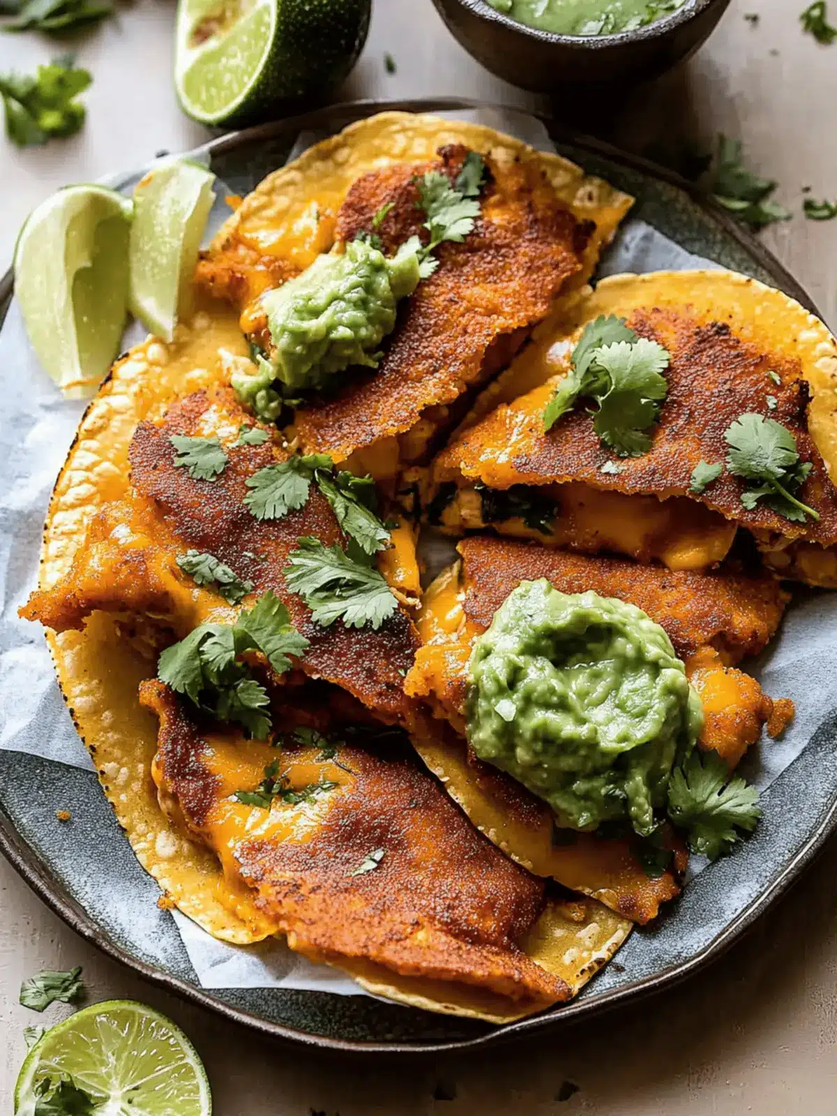 Crispy Cheese Chicken Tacos with Avocado Cilantro Sauce.