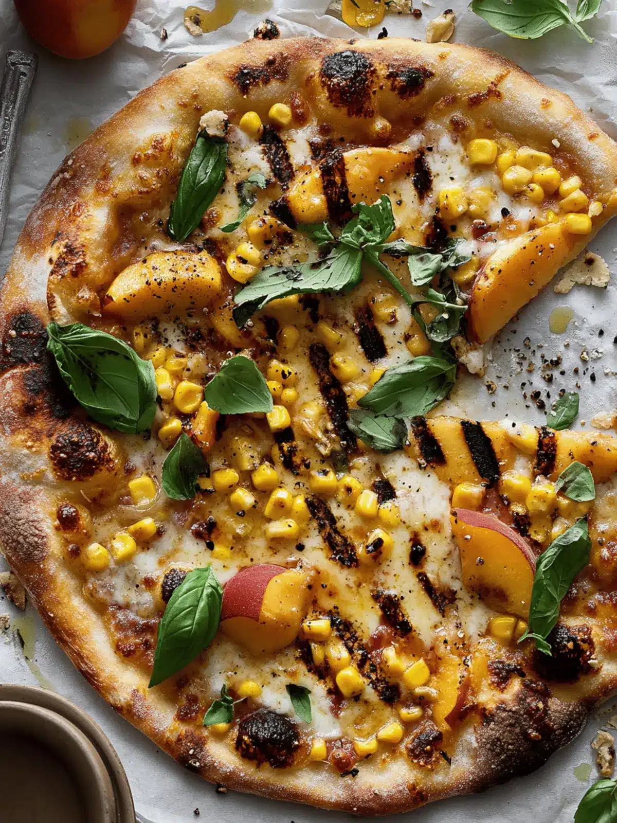 Grilled Peach Pizza with Corn and Chili Garlic Sauce.
