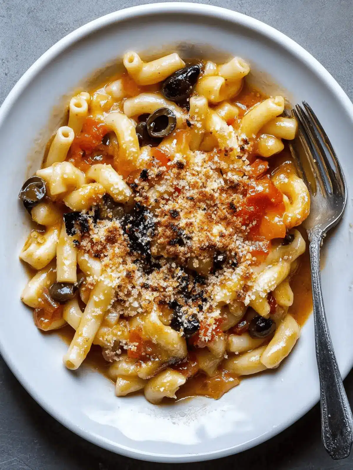 Balsamic Macaroni With Olive Pangratatto Breadcrumbs