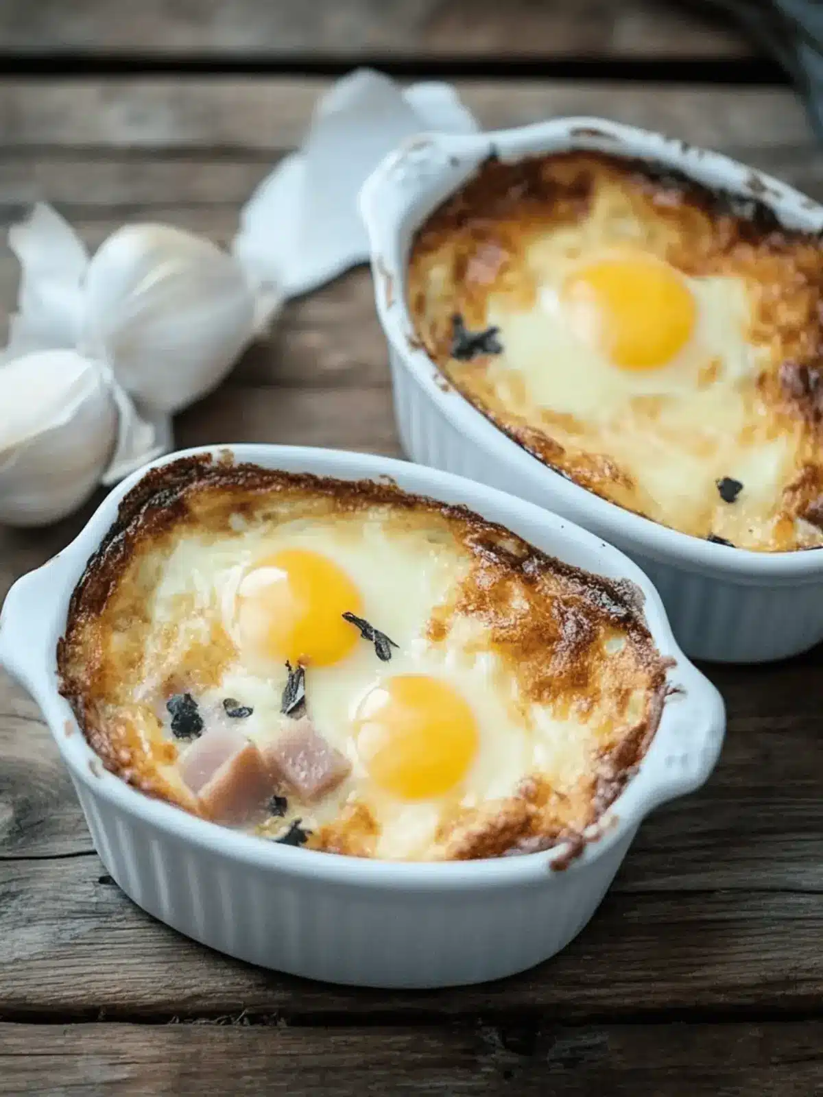Baked eggs with ham and tomato