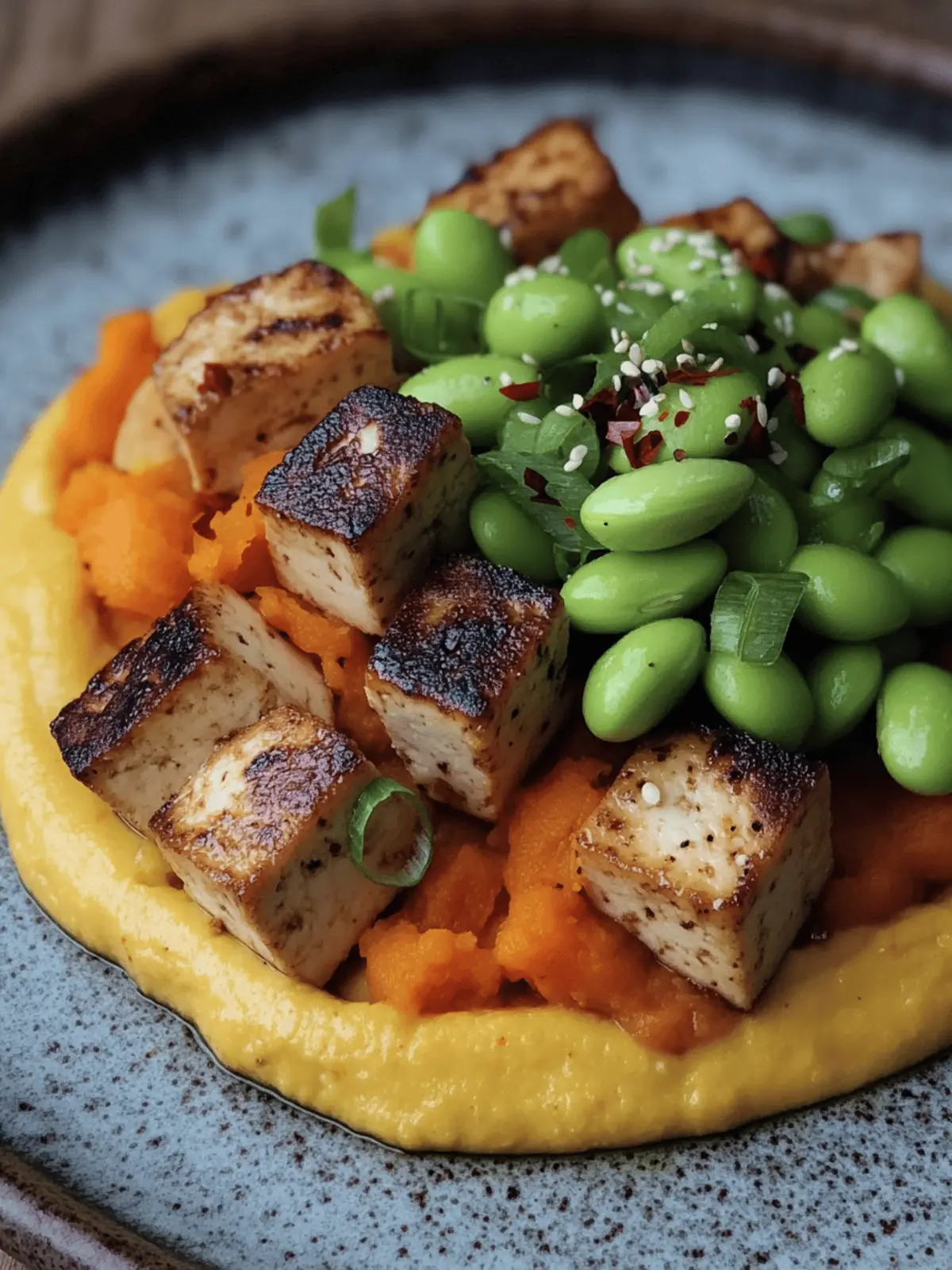 Miso tofu with ginger carrot purée and edamame
