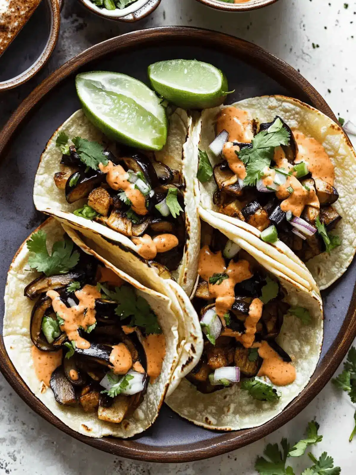 Korean Eggplant and Mushroom Tacos with Kimchi Cream