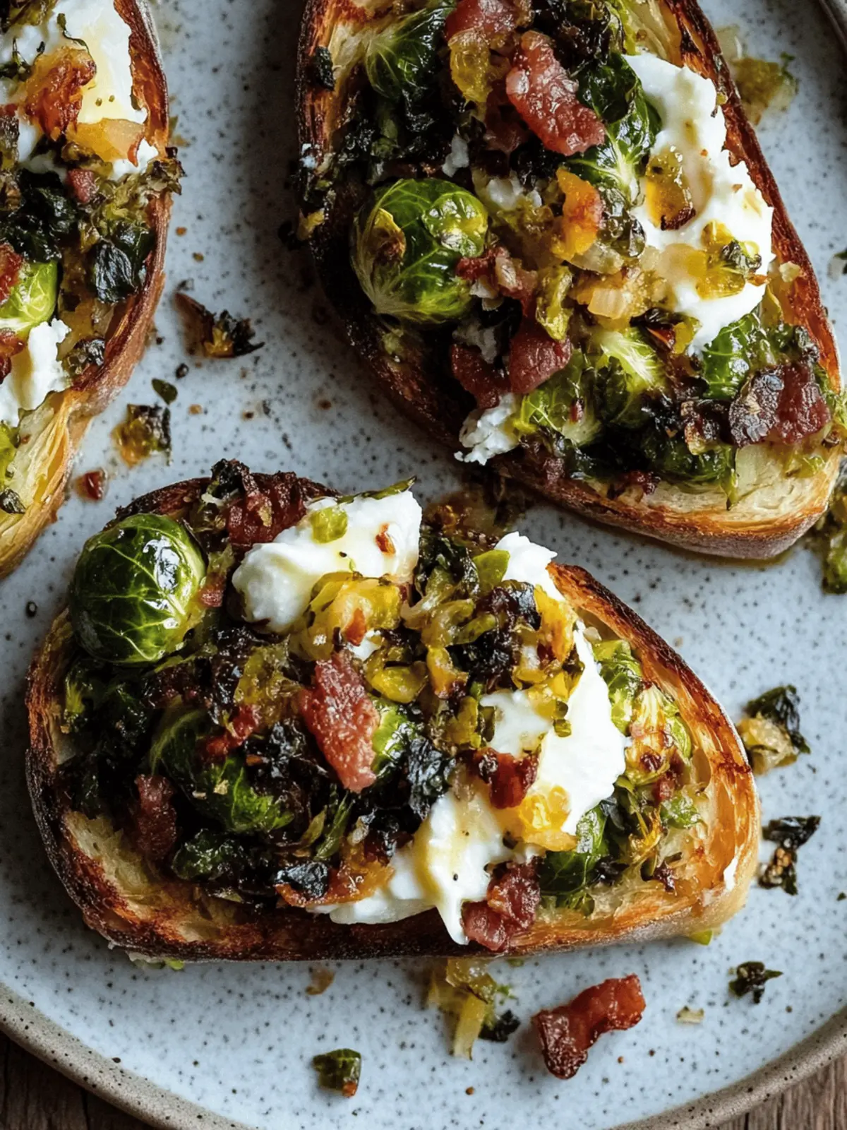 Caramelized Brussels Sprout Toast with Burrata & Bacon