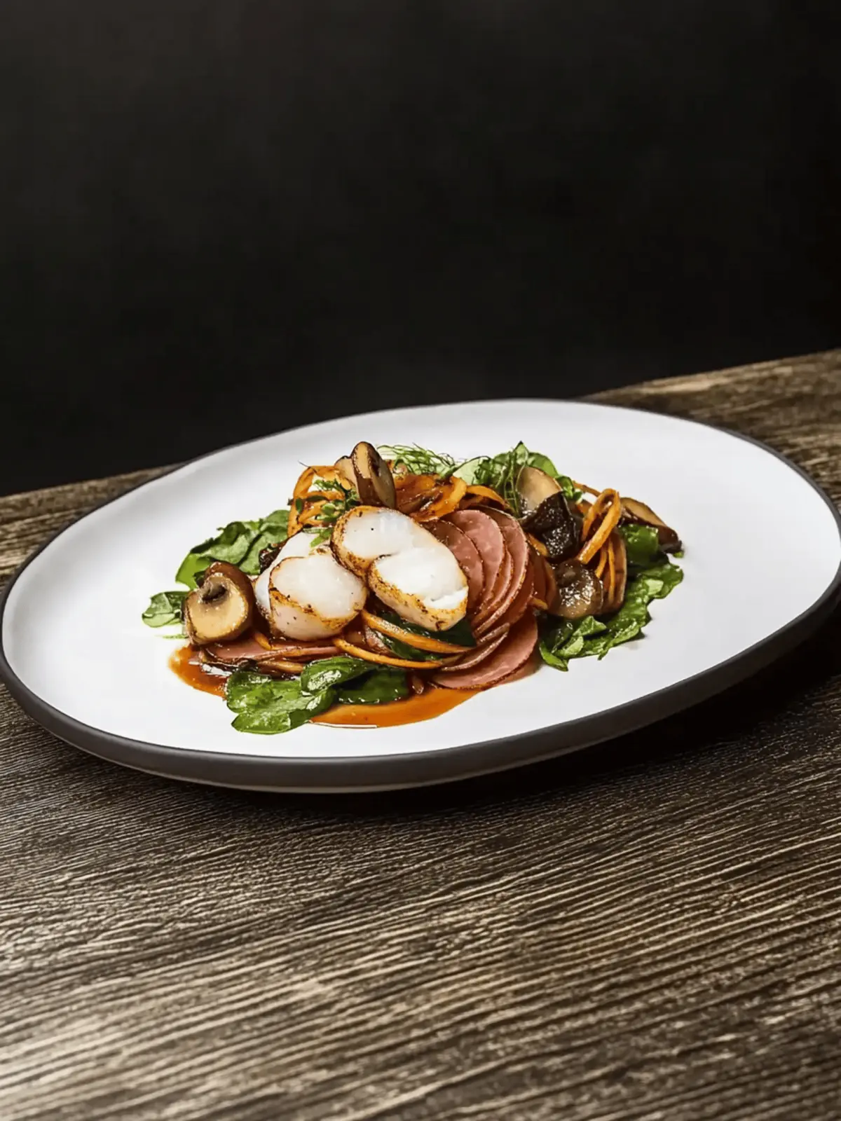 Monkfish ‘char siu’ with jamón Iberico, smoked mushrooms and agretti