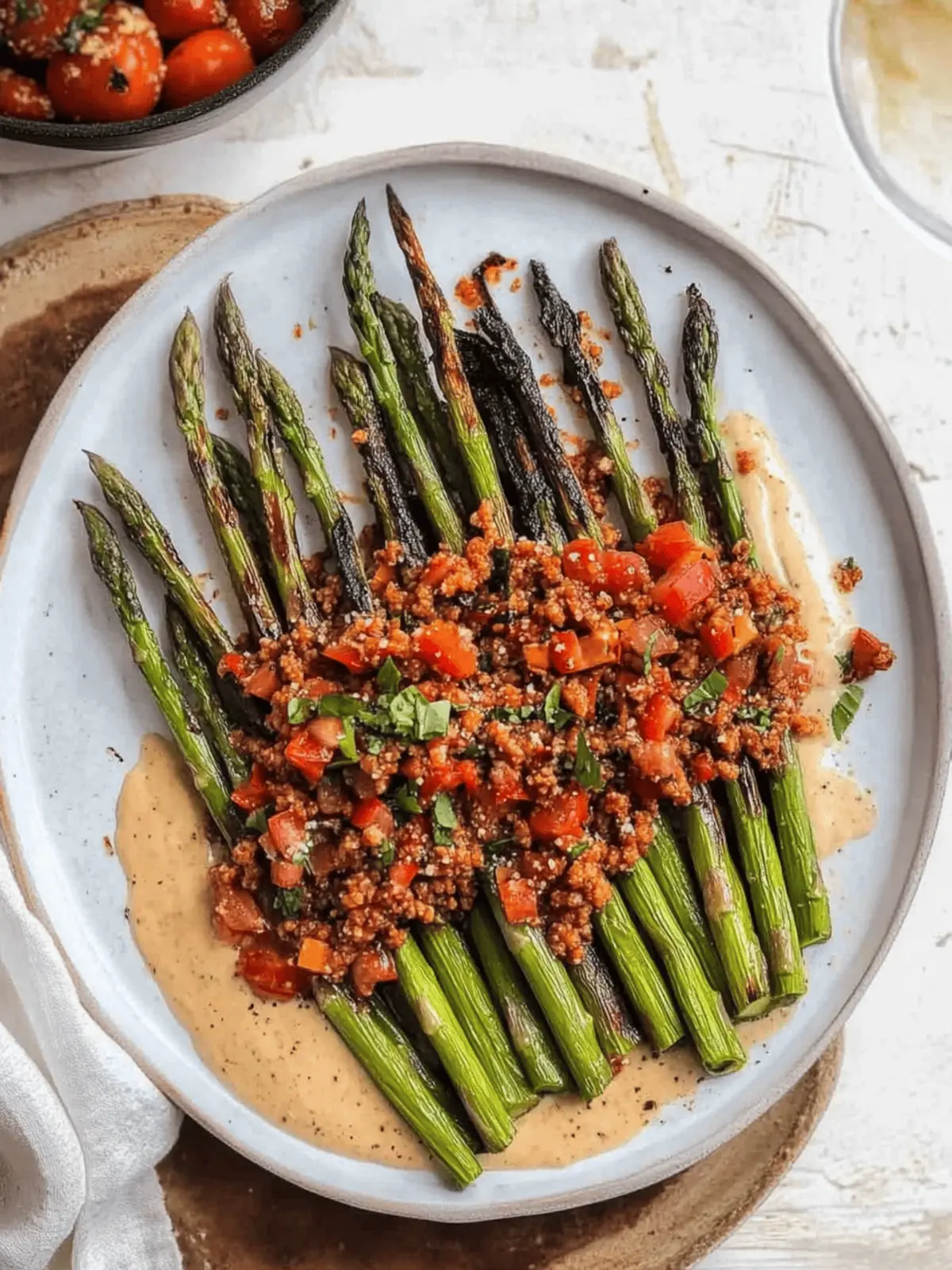 Grilled Asparagus with Tomato Salad & Tahini Sauce