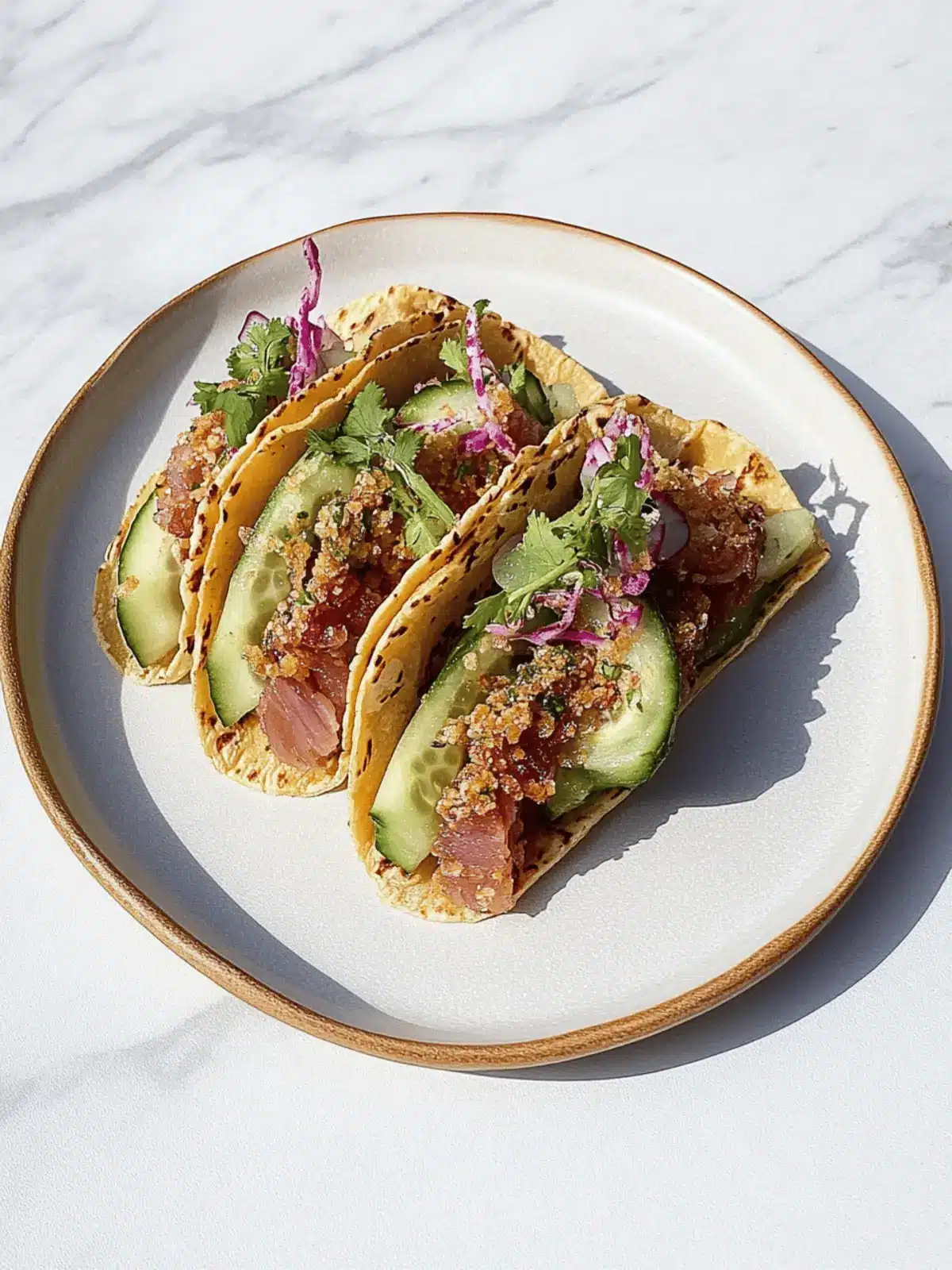 Crispy Tuna Poke Tacos with Crunchy Furikake Cucumber