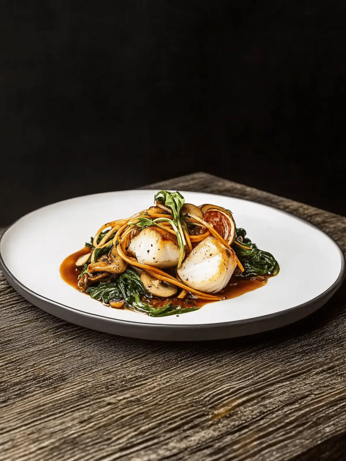 Monkfish ‘char siu’ with jamón Iberico, smoked mushrooms and agretti