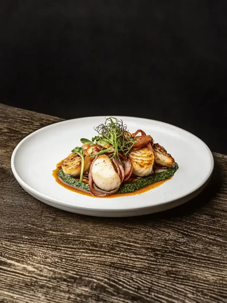 Monkfish ‘char siu’ with jamón Iberico, smoked mushrooms and agretti