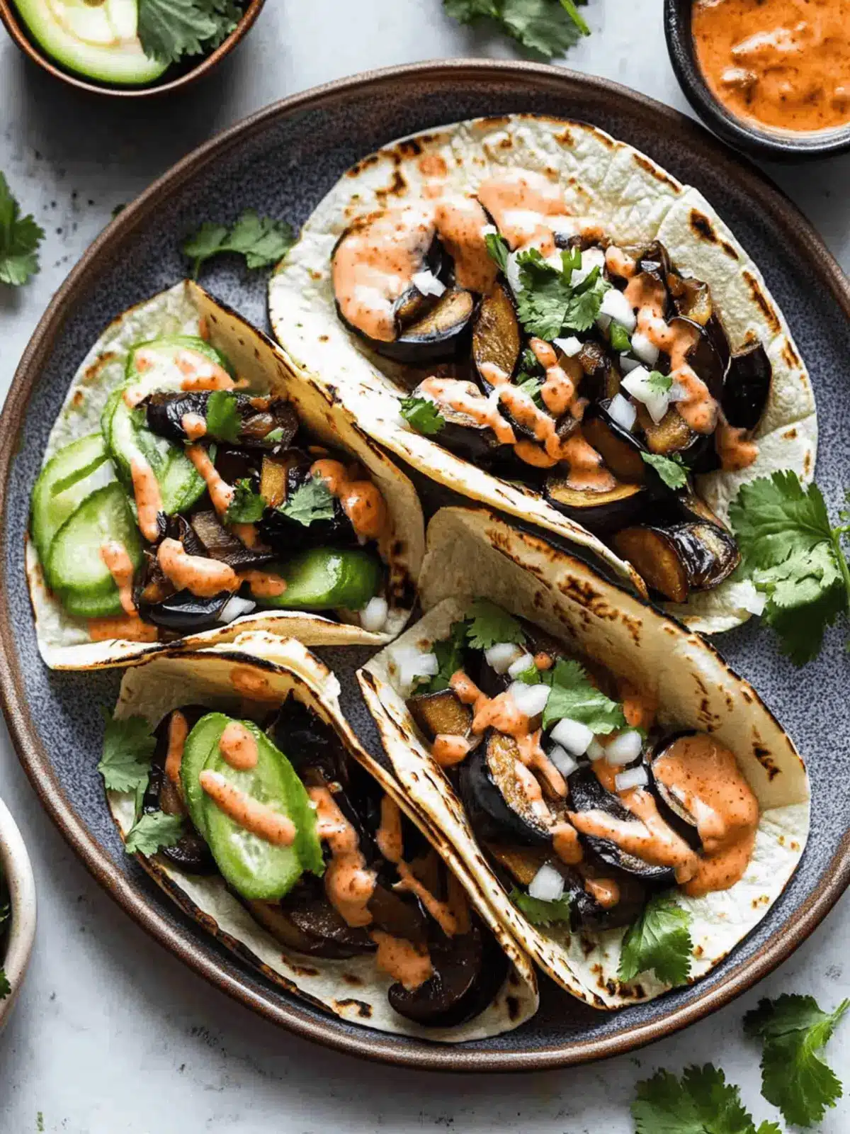 Korean Eggplant and Mushroom Tacos with Kimchi Cream