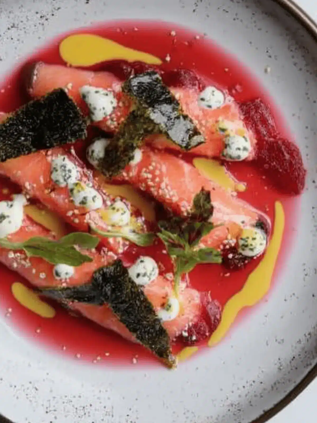 Salmon Sashimi in Beetroot with Seaweed Crisps