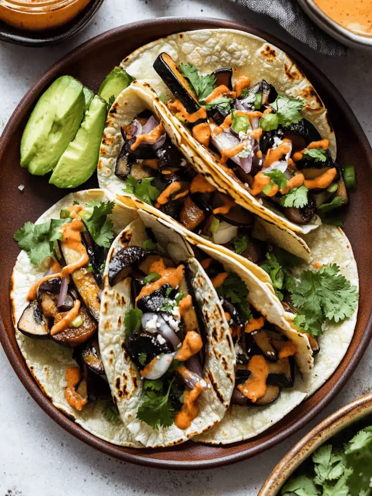 Korean Eggplant and Mushroom Tacos with Kimchi Cream