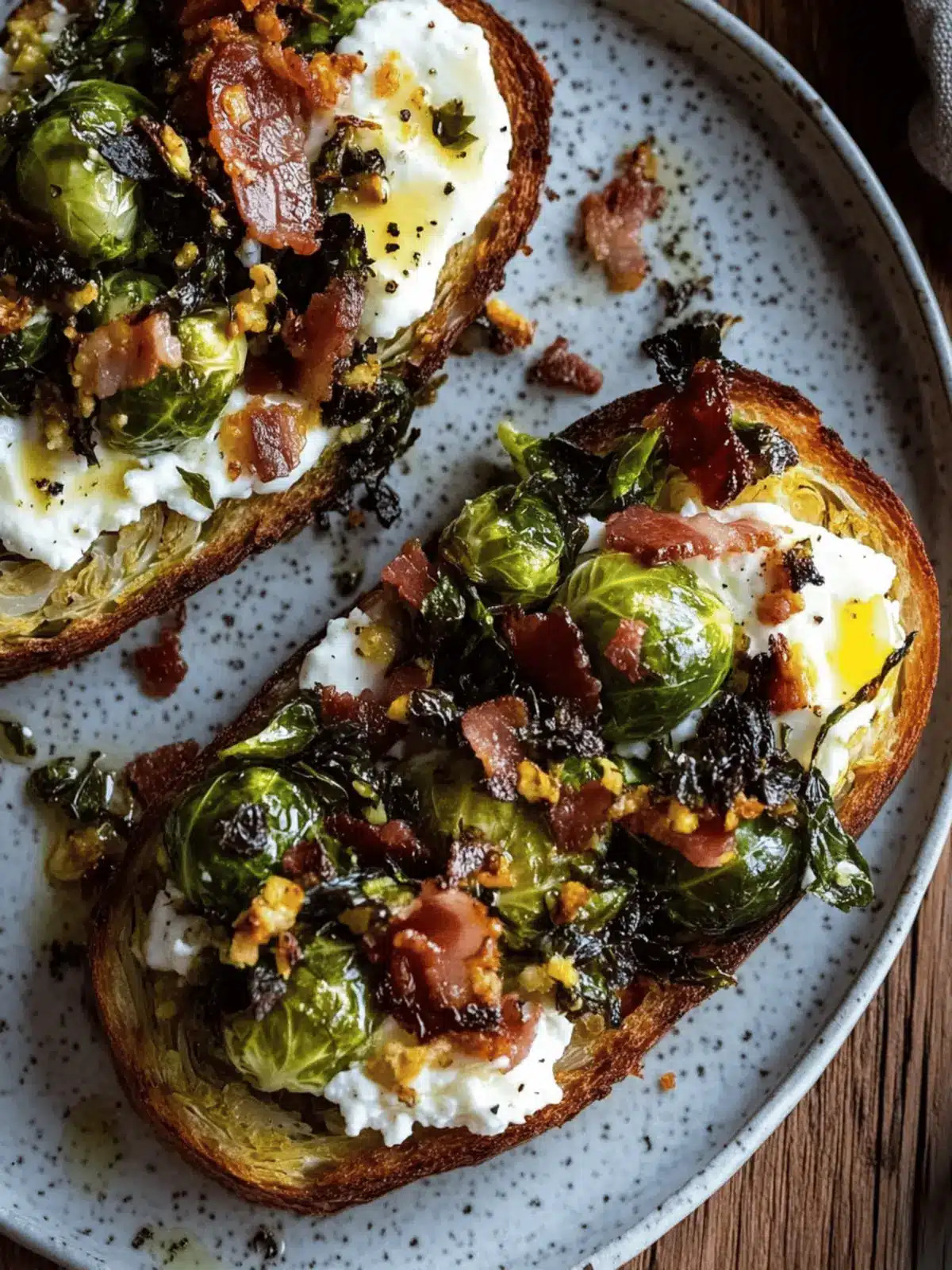 Caramelized Brussels Sprout Toast with Burrata & Bacon