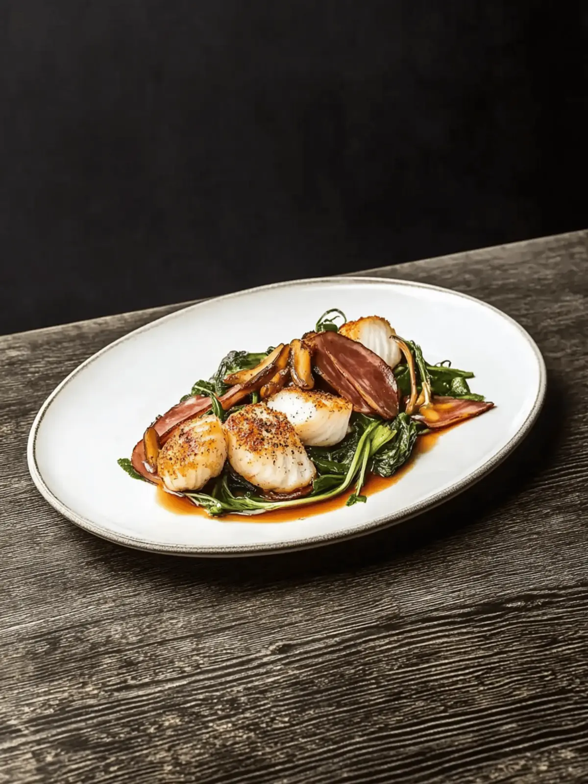 Monkfish ‘char siu’ with jamón Iberico, smoked mushrooms and agretti