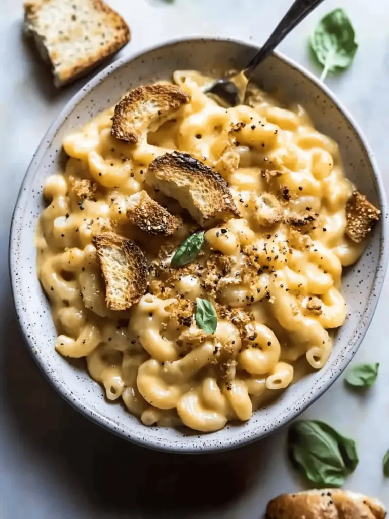 Sneaky Zucchini Mac and Cheese with Everything Bagel Chip Crumbs.