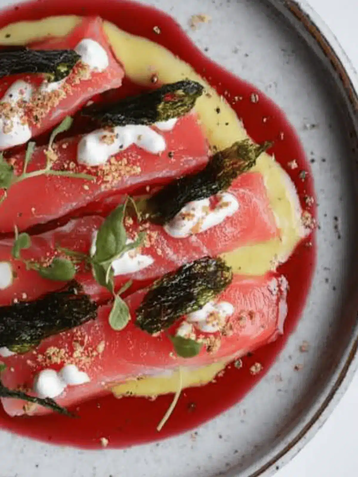 Salmon Sashimi in Beetroot with Seaweed Crisps