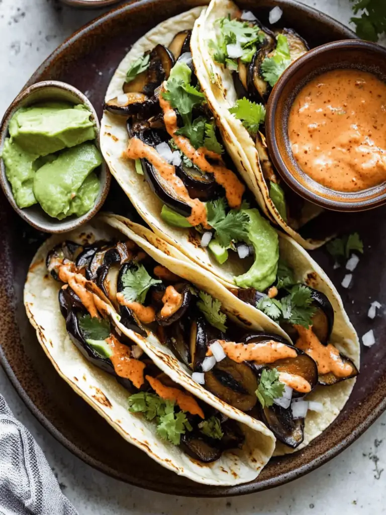 Korean Eggplant and Mushroom Tacos with Kimchi Cream