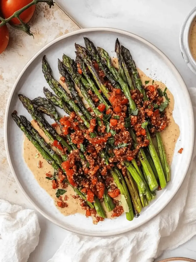 Grilled Asparagus with Tomato Salad & Tahini Sauce
