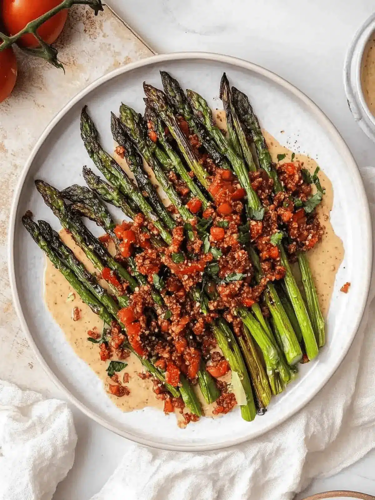 Grilled Asparagus with Tomato Salad & Tahini Sauce