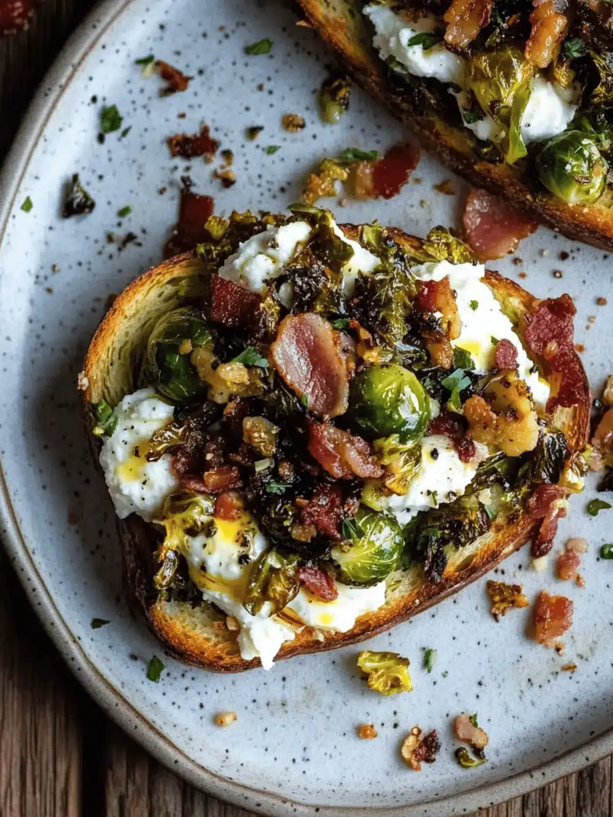 Caramelized Brussels Sprout Toast with Burrata & Bacon