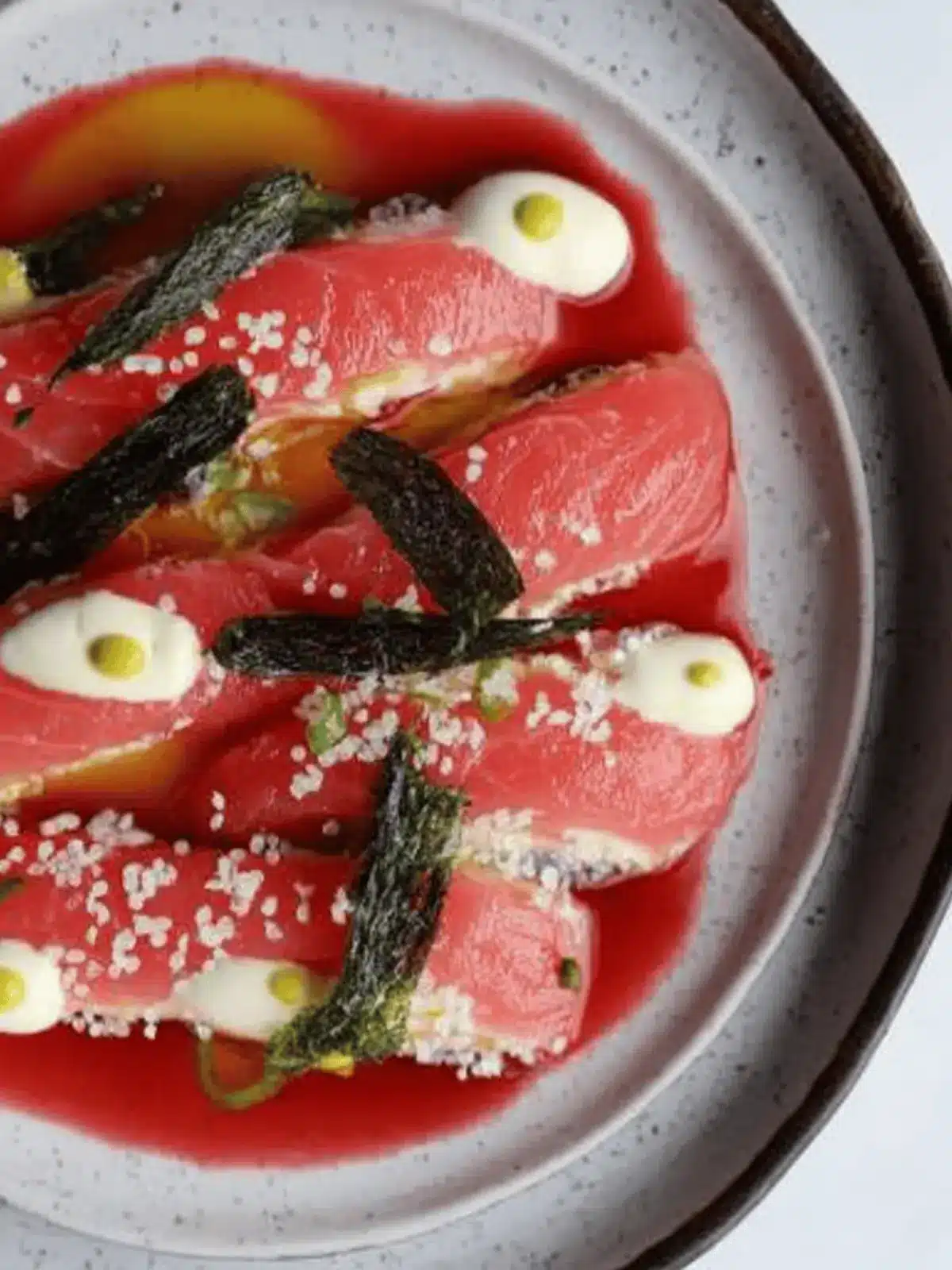 Salmon Sashimi in Beetroot with Seaweed Crisps
