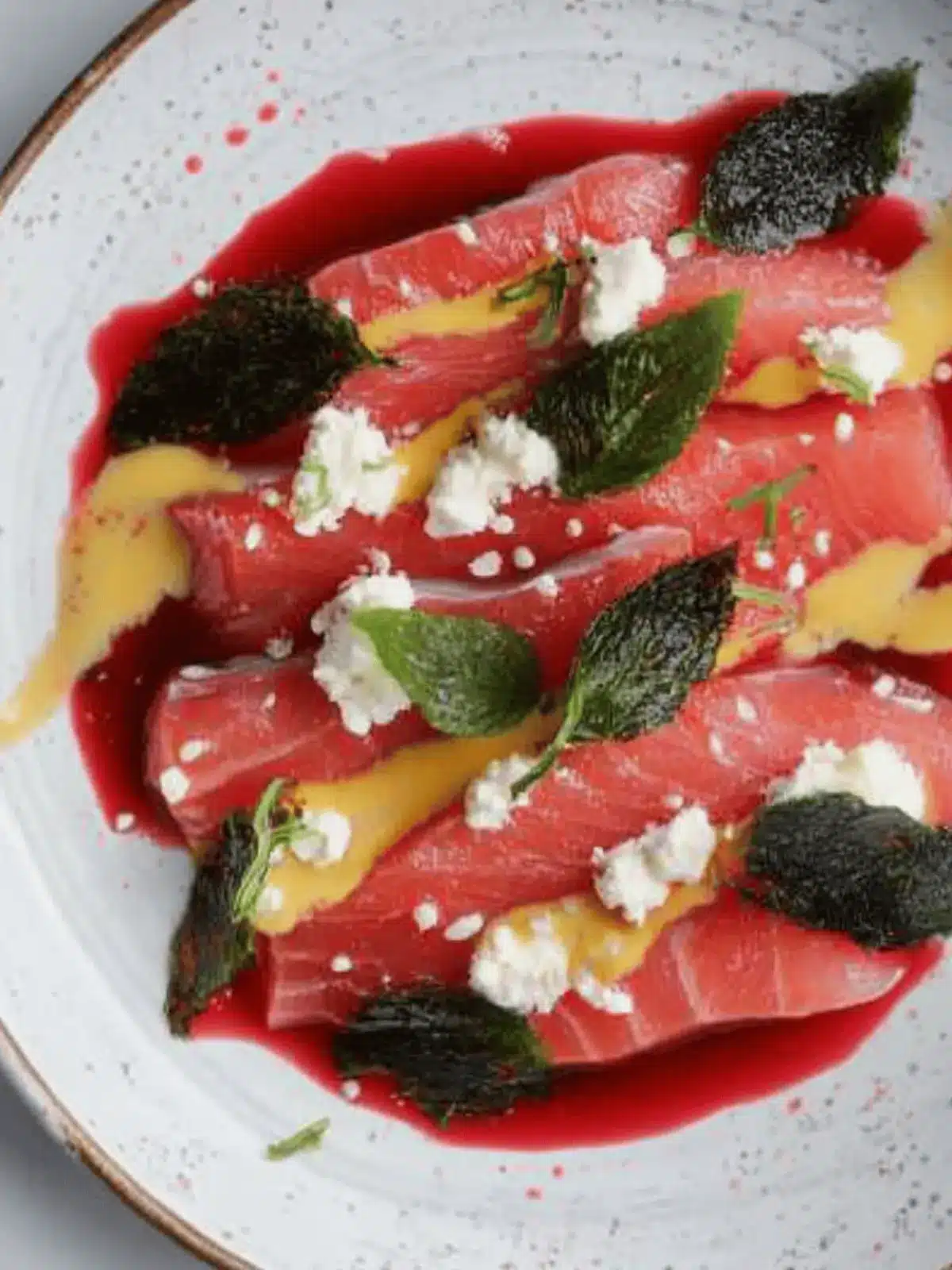Salmon Sashimi in Beetroot with Seaweed Crisps