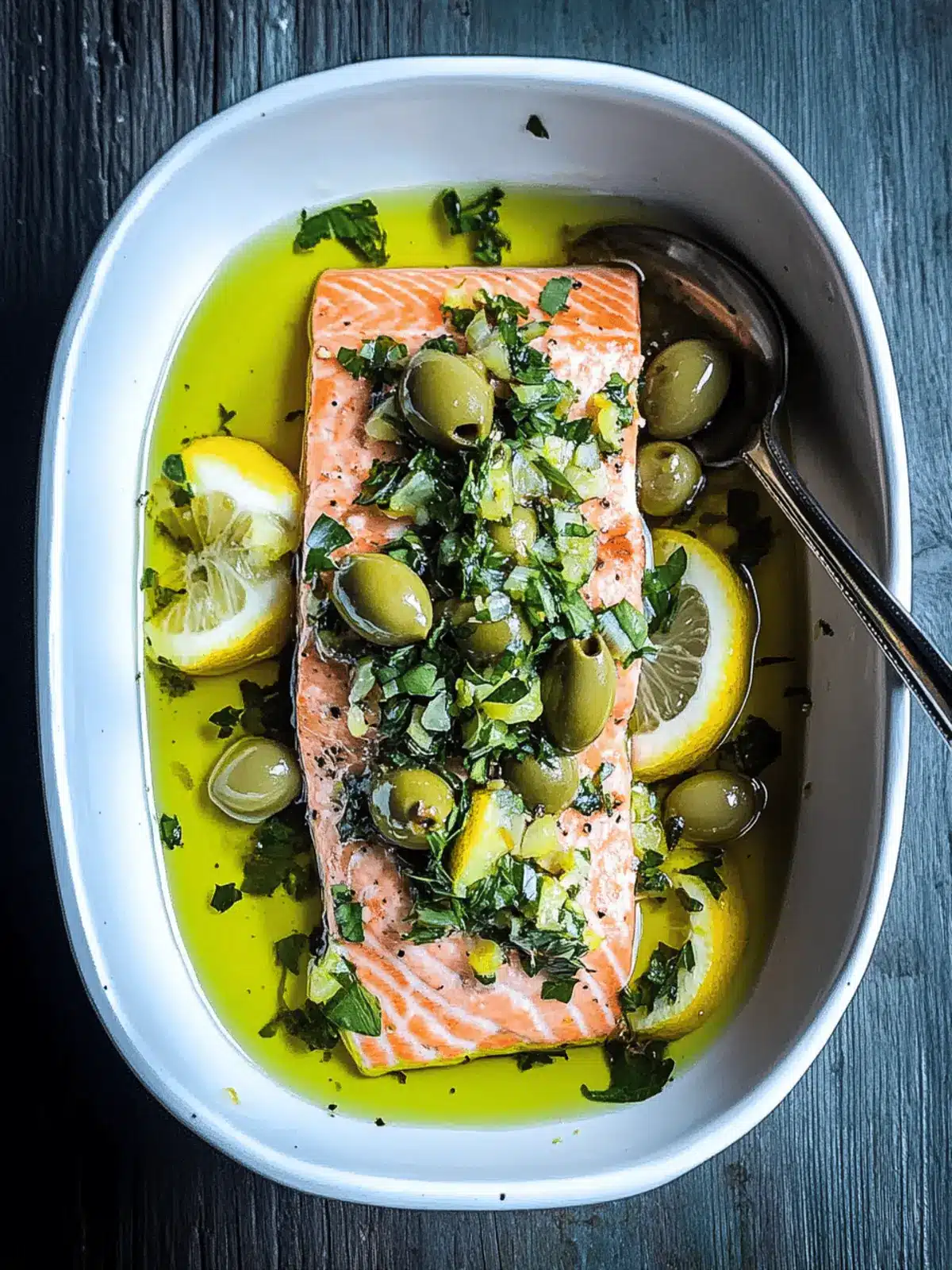Olive Oil Salmon Confit with Olive Lemon Gremolata