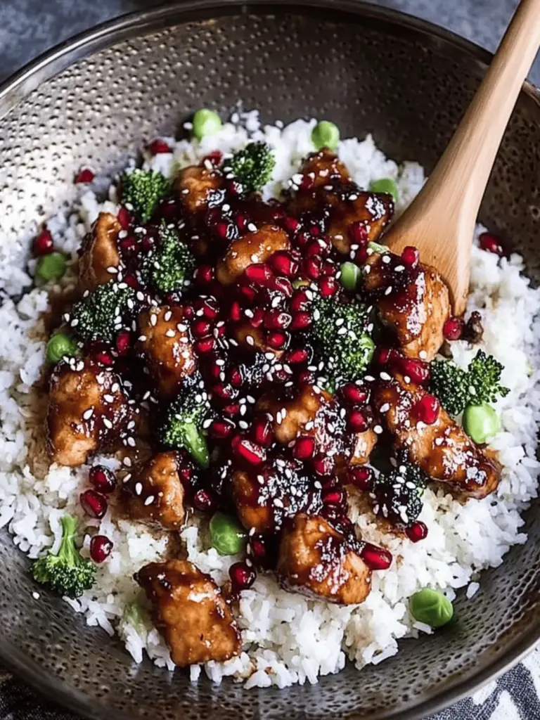 Pomegranate Sesame Chicken with Ginger Rice Pilaf.