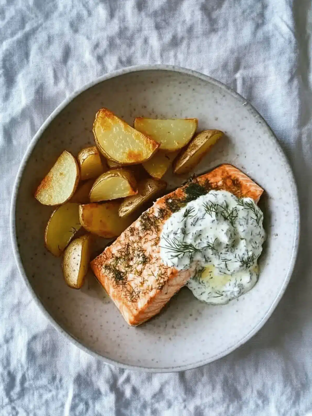 Dill salmon with potato wedges and a creamy pickle and dill sauce