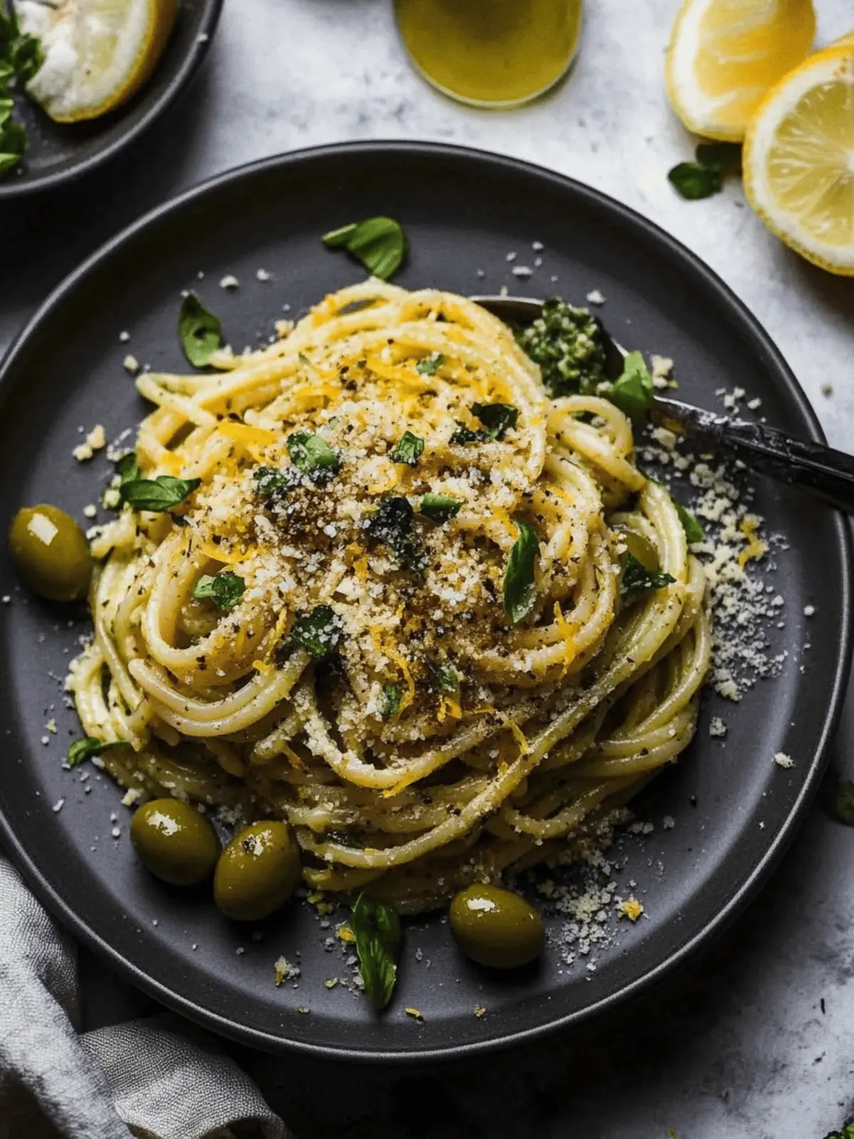 Delicious Green Olive Pasta with Toasted Lemon Breadcrumbs 4 Green Olive Pasta with Toasted Lemon Breadcrumbs and Herbs