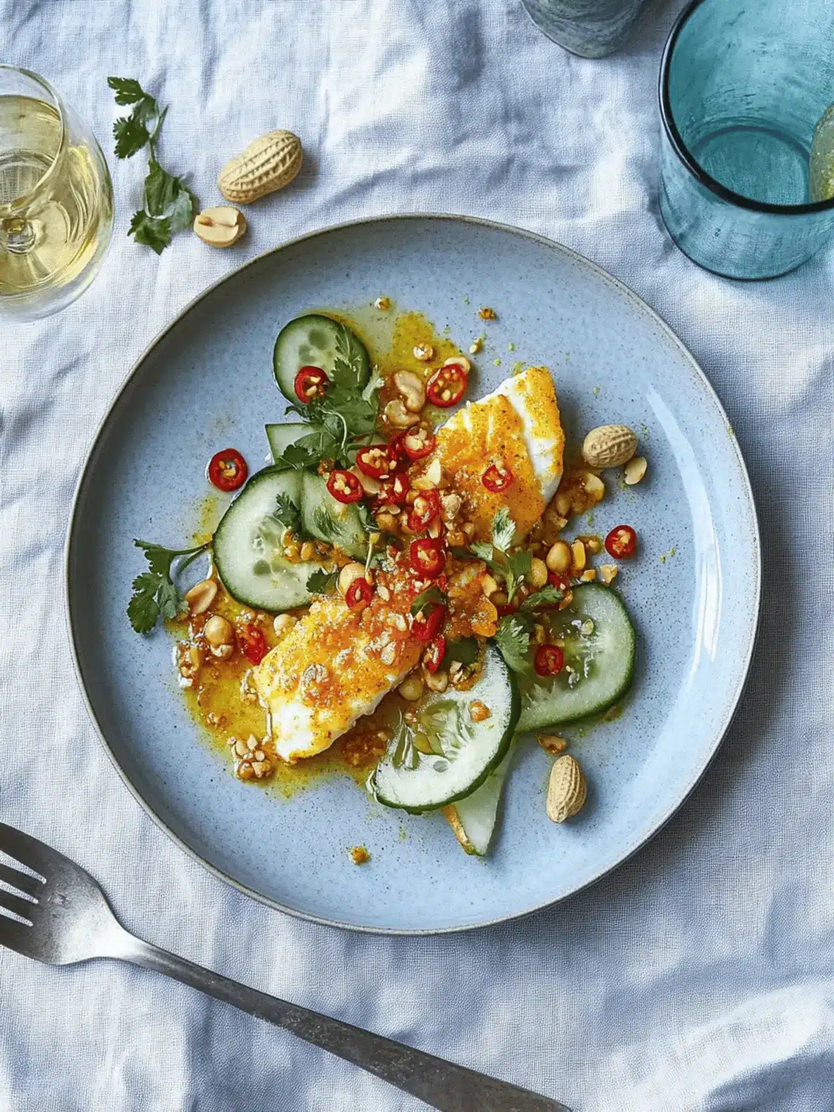 Turmeric White Fish with Peanuts and Chili-Lime Cucumber