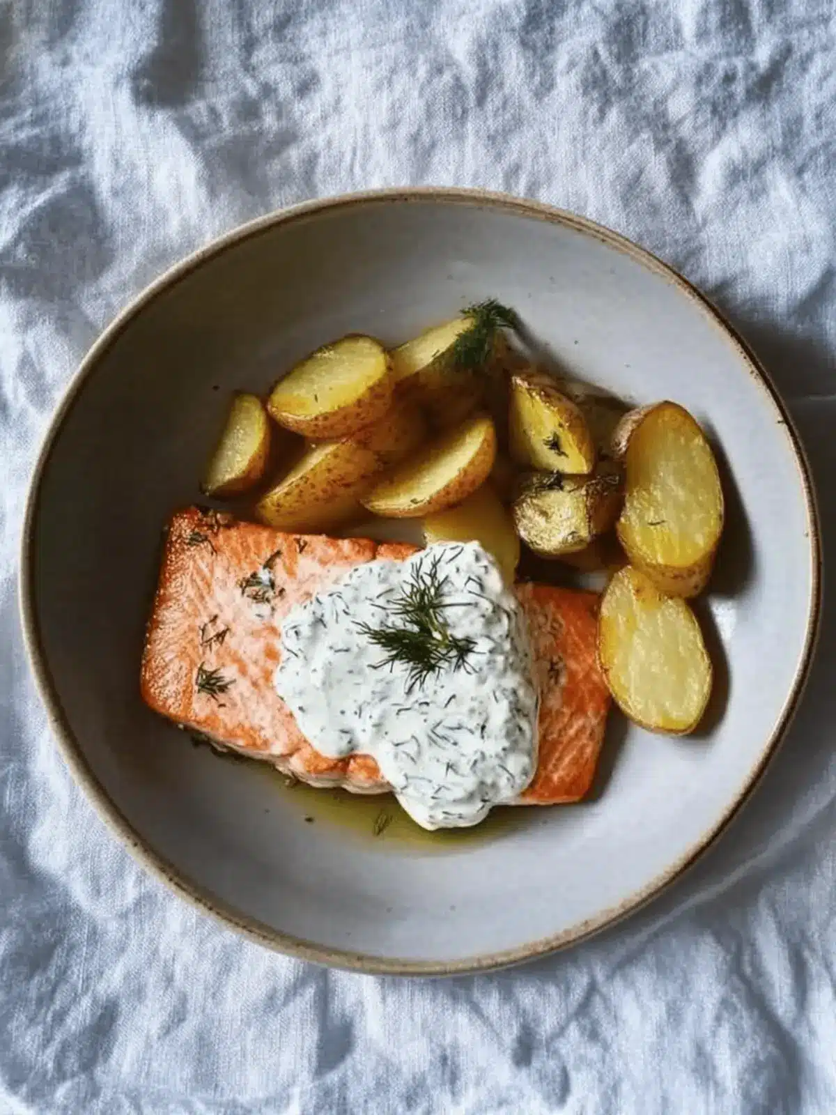 Dill salmon with potato wedges and a creamy pickle and dill sauce