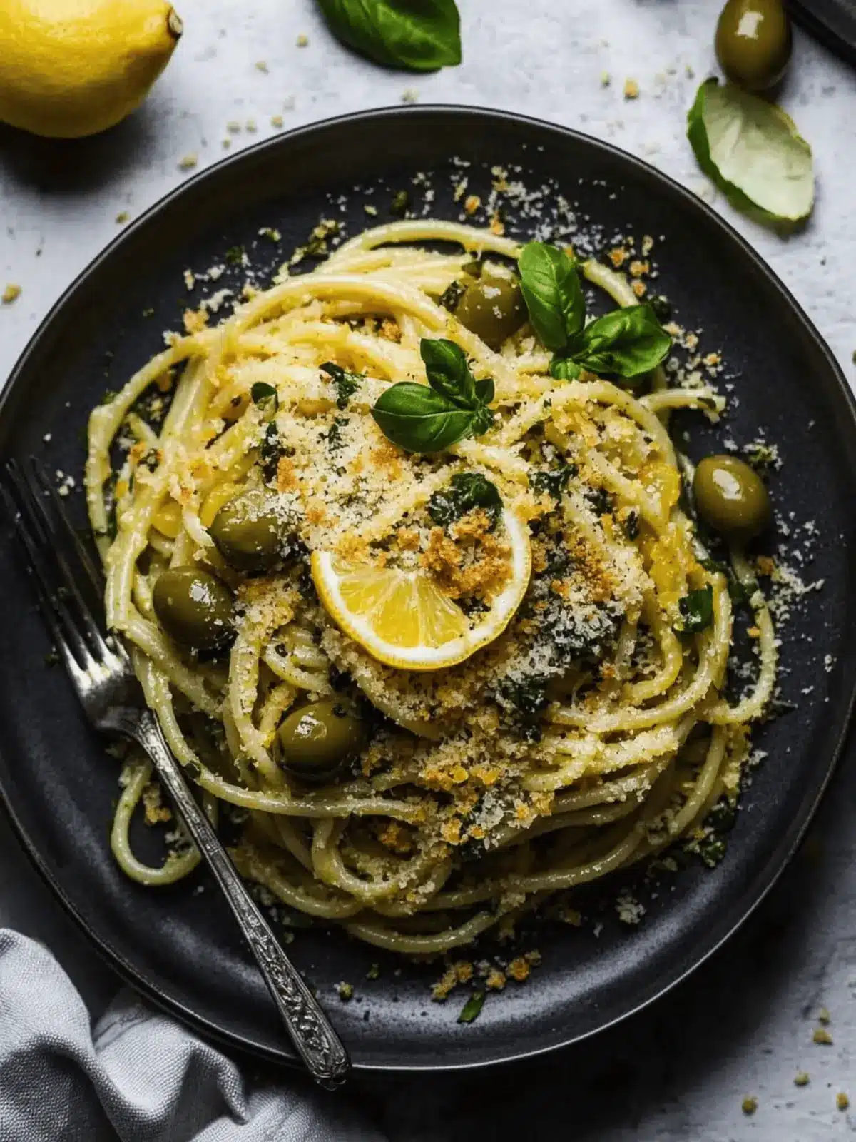 Delicious Green Olive Pasta with Toasted Lemon Breadcrumbs 3 Green Olive Pasta with Toasted Lemon Breadcrumbs and Herbs