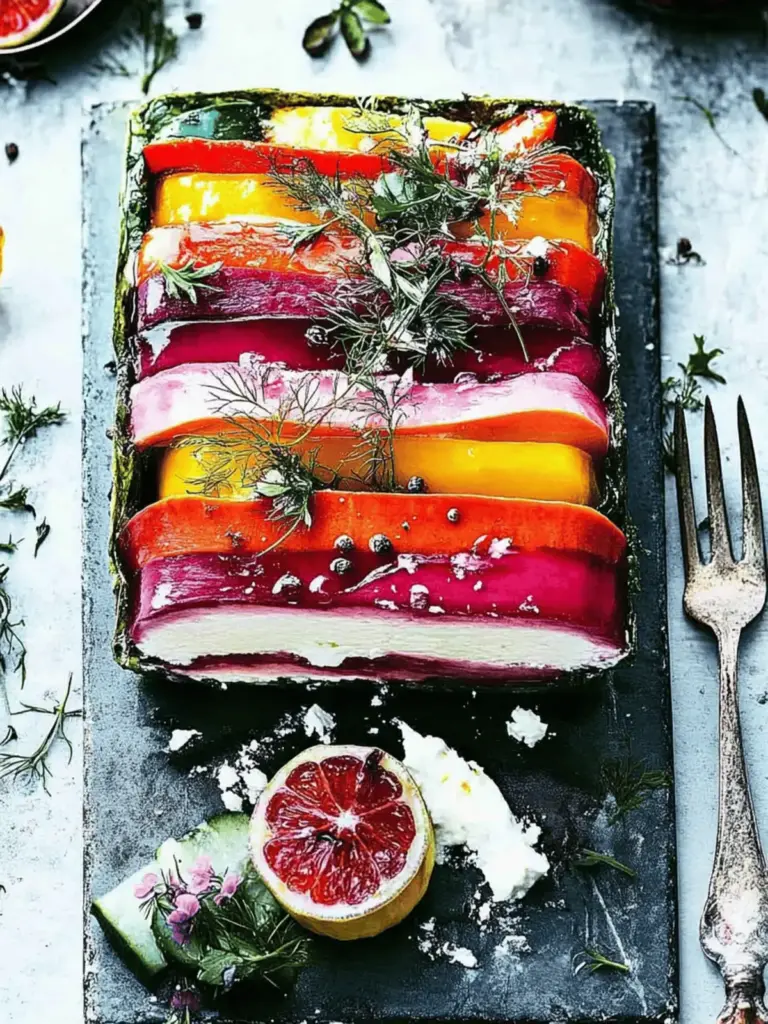 Rainbow vegetable and whipped feta terrine