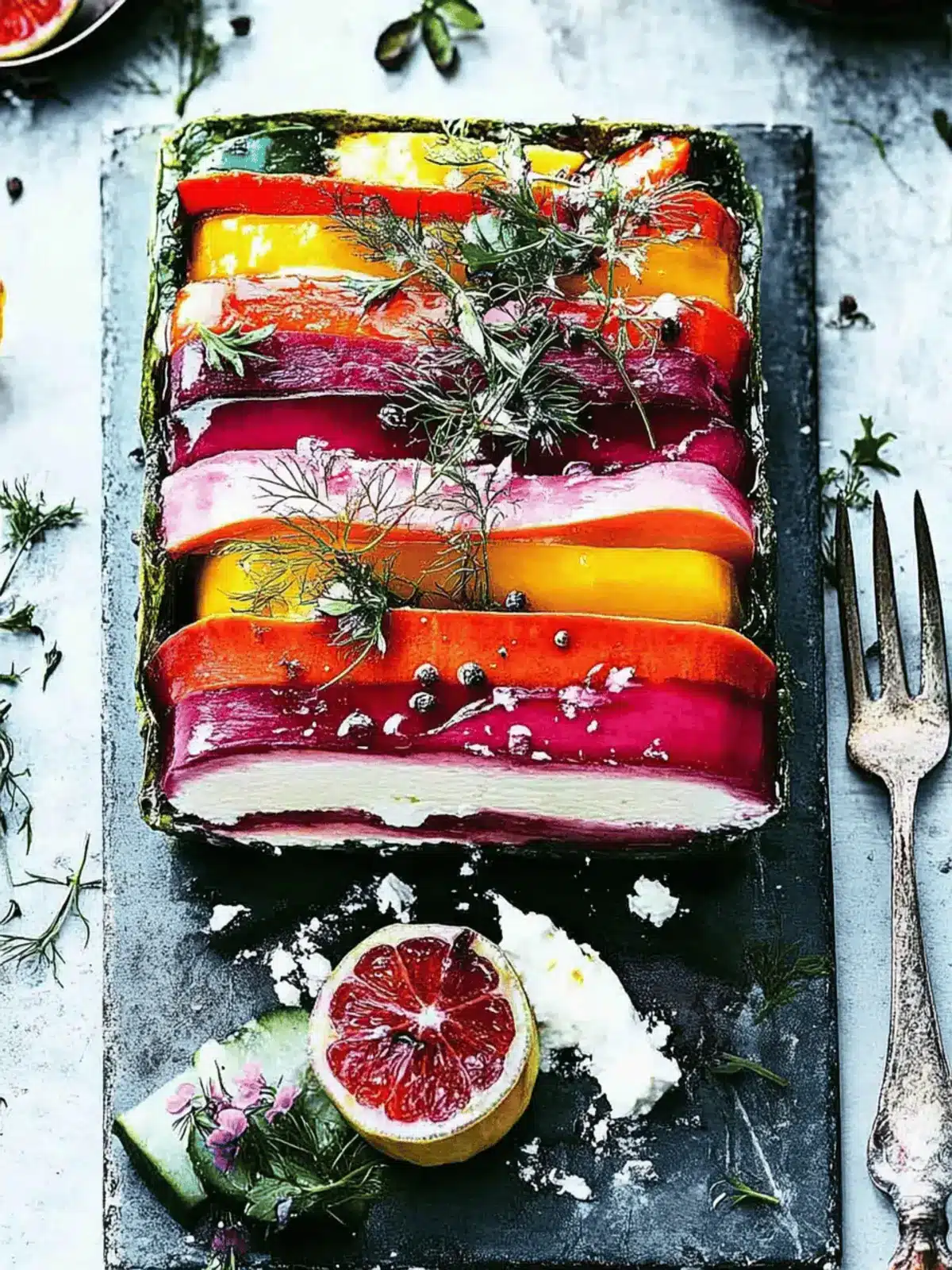 Rainbow Vegetable and Whipped Feta Terrine: A Colorful Delight 5 Rainbow vegetable and whipped feta terrine