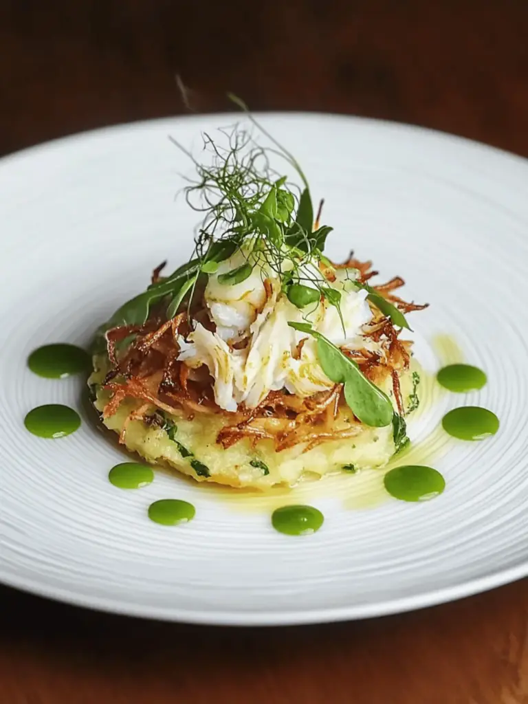 Portland crab rosti with land cress and chives
