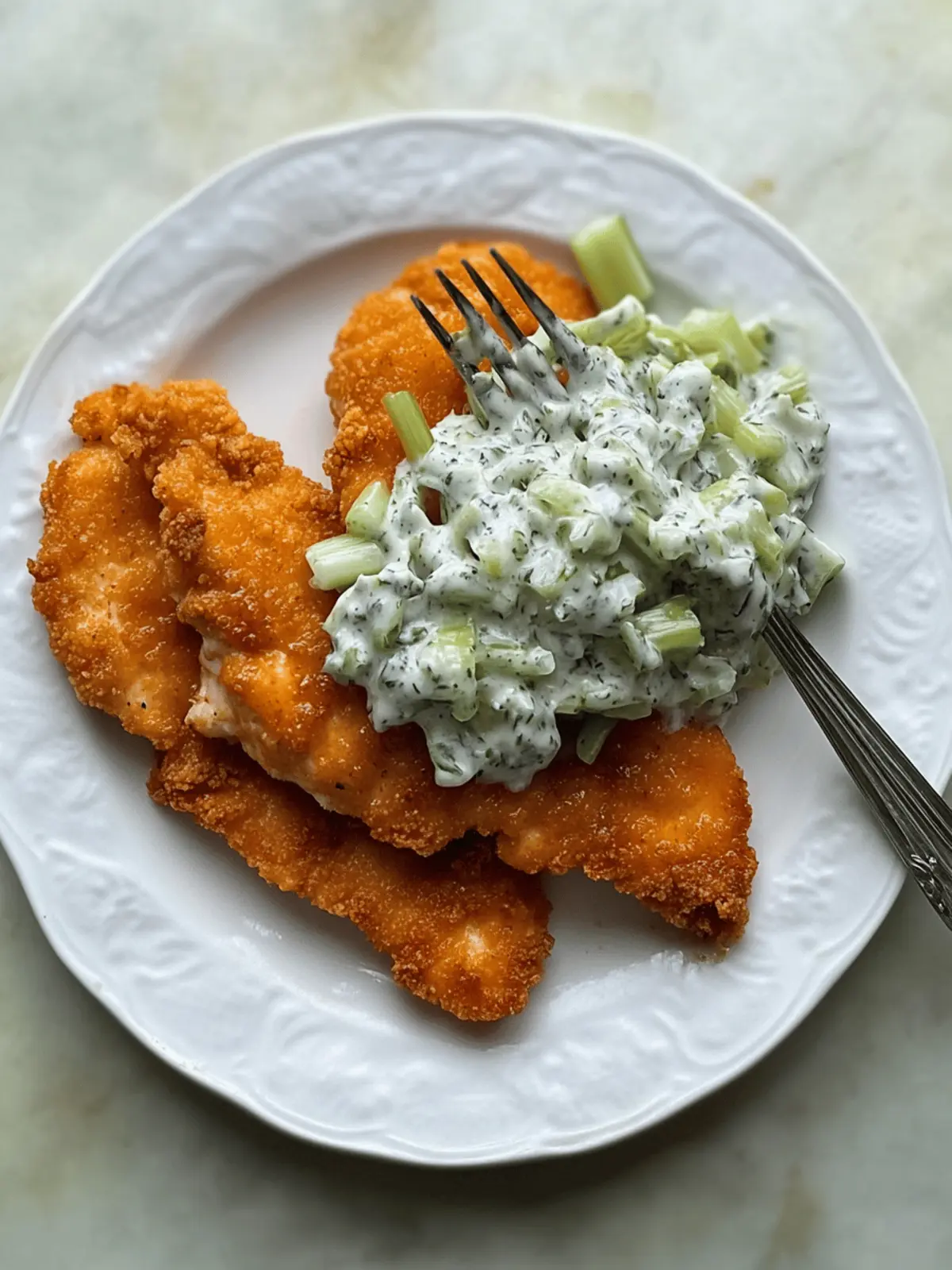 Buffalo chicken cutlets with a ranchy celery slaw