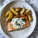 Dill salmon with potato wedges and a creamy pickle and dill sauce