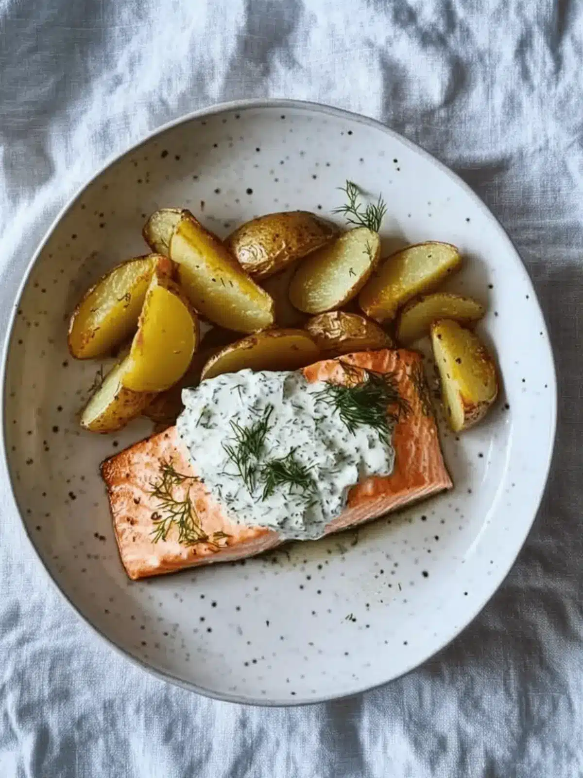 Dill salmon with potato wedges and a creamy pickle and dill sauce