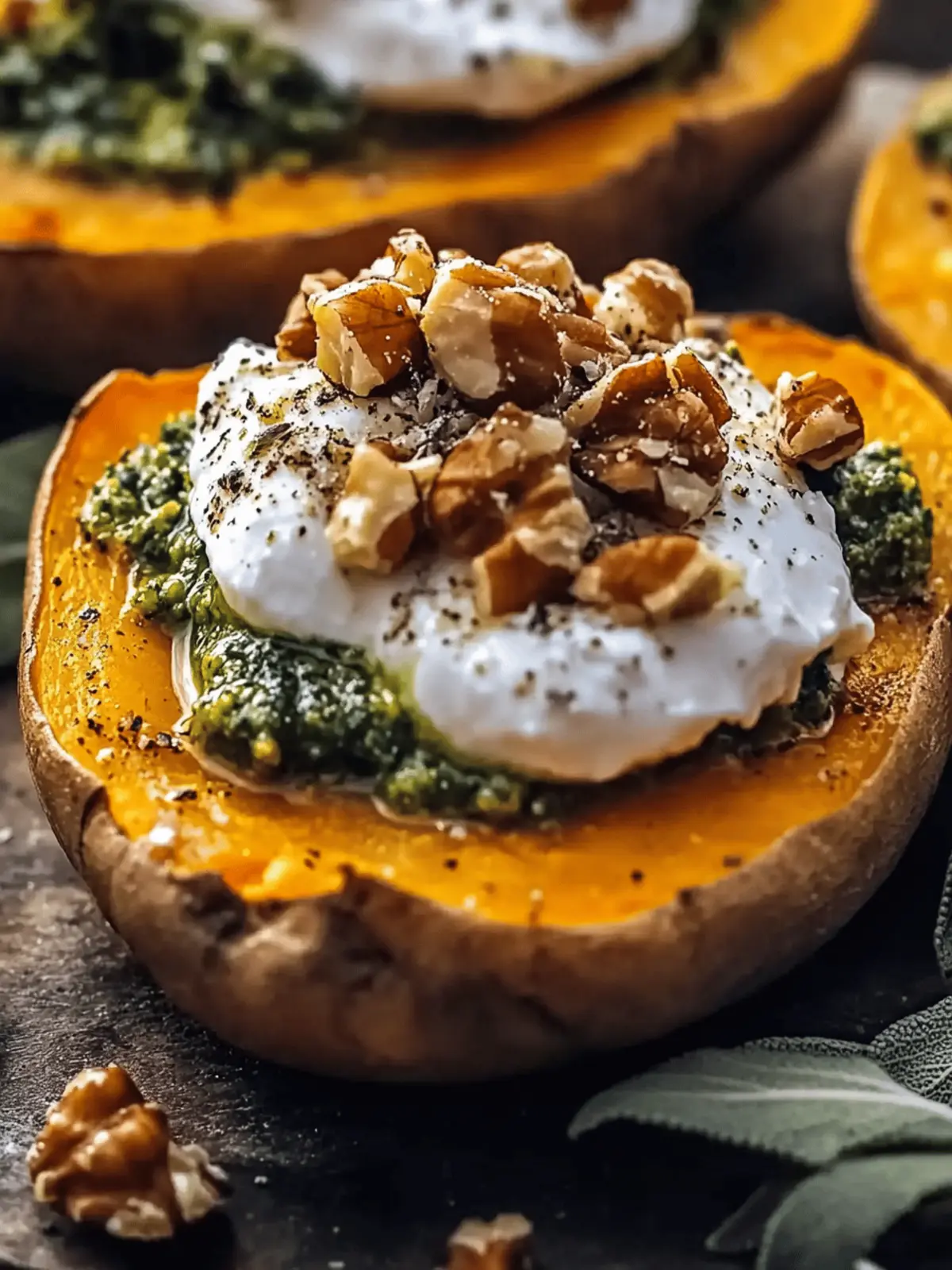 Stuffed Sweet Potatoes with Burrata, Toasted Walnuts & Sage Pesto