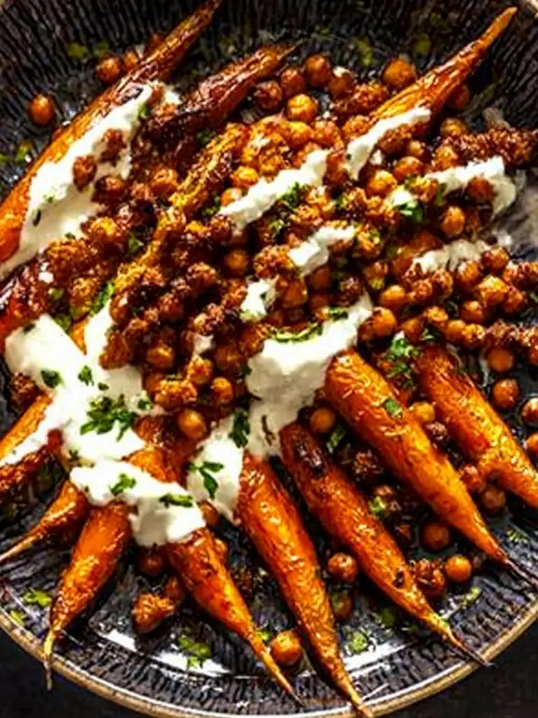 Spicy maple roast carrots with crispy chickpeas and yogurt sauce