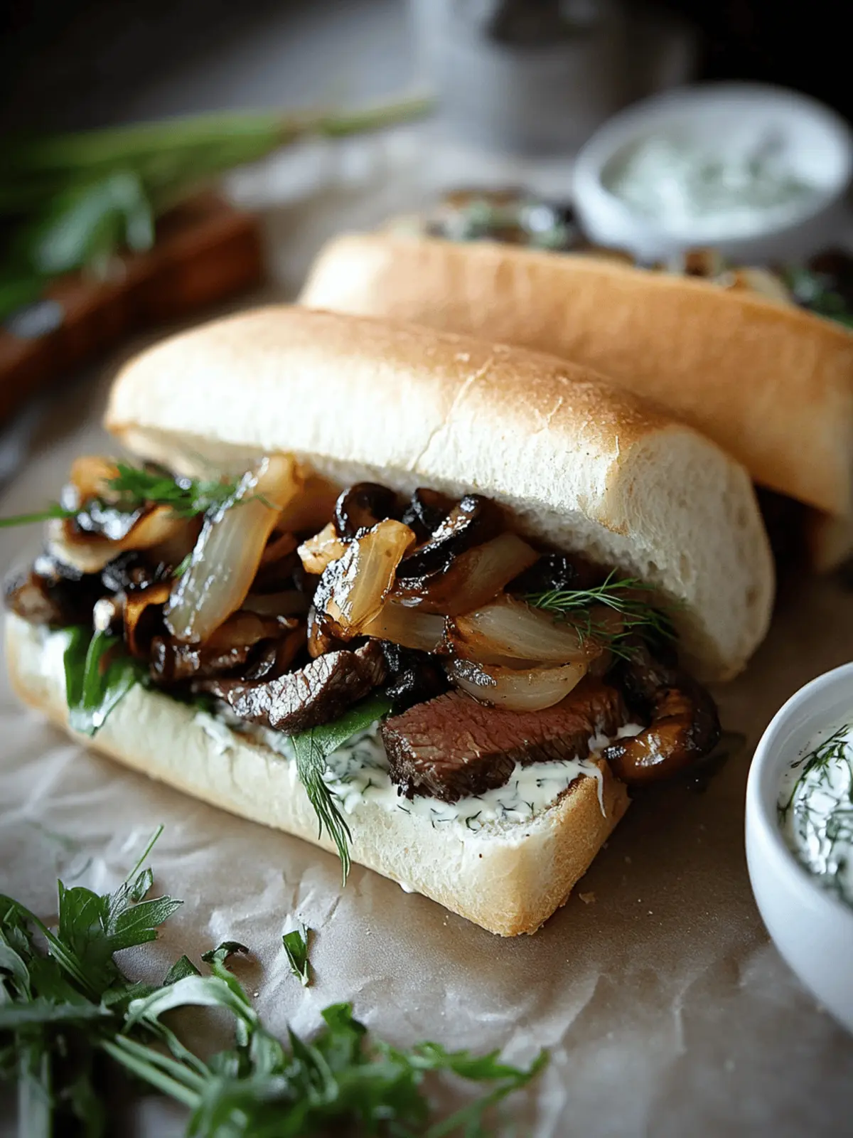 Steak Sandwich with Caramelized Onions and Mushrooms and Garlic Dill Spread