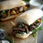 Steak Sandwich with Caramelized Onions and Mushrooms and Garlic Dill Spread